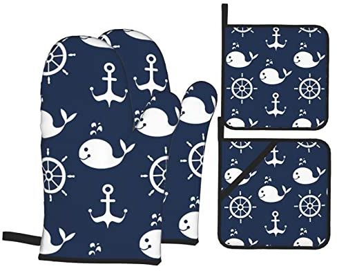 Maritimes Muster mit Walen, Helmen, Ofenhandschuhe und Topflappen, 4-teiliges Set,hitzebeständige Ofenhandschuhe, Grillhandschuhe zum Backen, Kochen, Grillen
