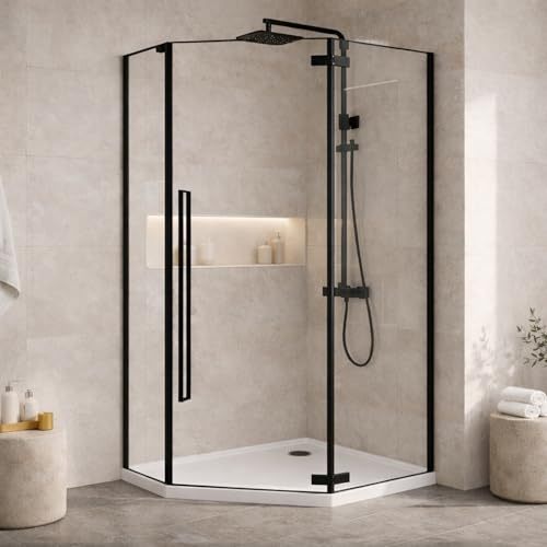 Go Bathrooms 900mm Black Corner Shower Enclosure Penta Matt Black Shower Cubicle Universal Hinged Door Easy Clean Toughened 8mm Glass Aluminium Profile