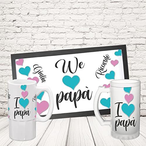 Kit Barman COPPIA TAPPETINO per BANCONE da BAR PIÙ BOCCALE ” LOVE PAPA’ NOMI “ Bicchiere BIRRA IN CERAMICA O VETRO SATINATO PERSONALIZZABILE idea regalo per Papà