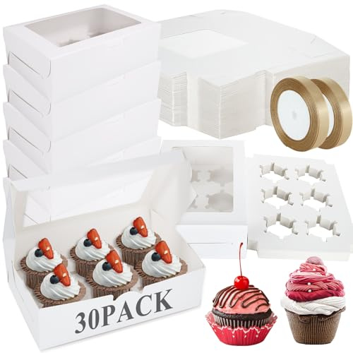 AKOLAFE 30 Stück Cupcake Box 6er Cupcake Transportbox Weiß Muffin 24x16x7.5 cm Transportbox mit Sichtfenster Muffin Box Karton Keksschachtel zum Tortendekorieren für kleine Kuchen, Gebäck, Kekse
