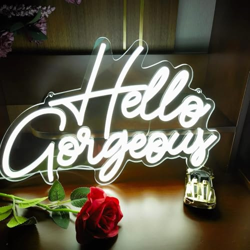 Hello Gorgeous Neon LED Nachtlicht für Wand Zuhause Party Wandleuchte Schilder Hochzeit Valentinstag Schlafzimmer Geburtstag Bar Club leuchtende Buchstaben Neonschild mit dimmbarem Schalter (weiß)