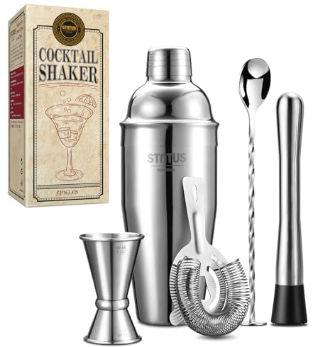 Cocktail Shaker, STNTUS 750ml Cocktail Shaker Edelstahl, 5 Stück Professionell Cocktailshaker Set mit Sieb, Messbecher, Barlöffel, Stössel, Mixer Barkeeper Set