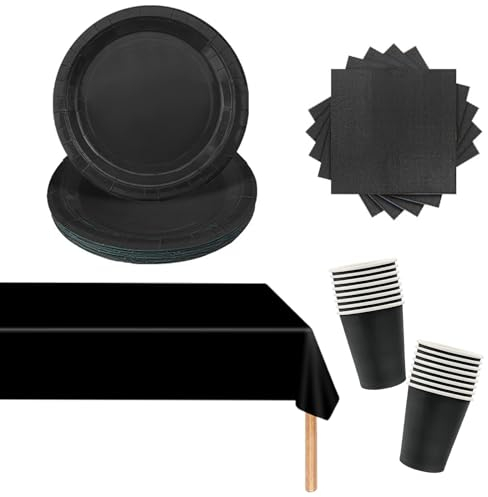 Juego de vajilla de papel negro de 53 piezas, vajilla para fiesta de Navidad, juego de vajilla negro, mantel rectangular, platos de papel, servilletas, vasos de papel para cumpleaños, bodas,