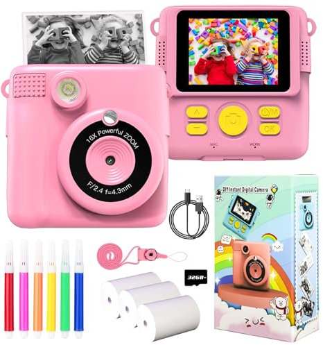 Kids Camera for Girls Boys, Kids Instant Print Camera Toy, 2.4 Screen, 1080P HD Kids Digital Camera with 3 Rolls Photo Paper, Birthday Gifts for 3 4 5 6 7 8 9 10+ Year Old, 6 Color Pen, 32GB SD Card