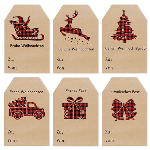 Aufkleber Weihnachten, 96 Stück Kraftpapier Weihnachtsaufkleber, Selbstklebende Weihnachtsetiketten, Weihnachtsgeschenke Sticker Etiketten für Geschenkverpackung, Weihnachtsdekoration, 5 x 7.6cm