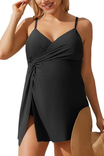 Maacie Maternity Swimsuit Swim Dress One Piece Knotted Crisscross Split Hem Bathing Suit Black