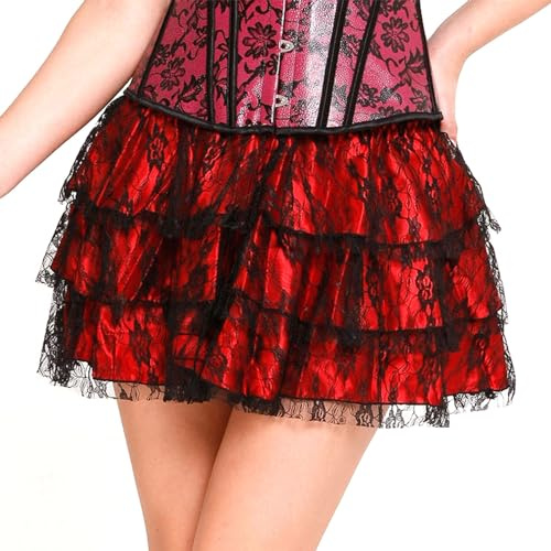 HodJIU Women's Gothic Skirt Elastic High Waist Layered Ruffle Lace Mini Skirts Vintage Aesthetic Dark Academia Punk Outfits (Red, M)
