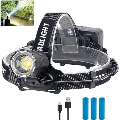 WHTOHY Outdoor 3 modalità di luce 50.000 lumen lampada frontale super luminosa, 6000mAH fuoco variabile IPX6 lampada frontale impermeabile per ciclismo, campeggio, pesca