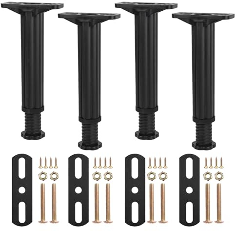 Riobby Bed Support Legs Adjustable Legs, Plastic Steel Furniture Foot Retractable Heavy Duty Bed Center Frame Slat Support Leg for Cabinet Sofa Bed Frame Replacement Parts (19.5cm-32cm Black 4 Pack)