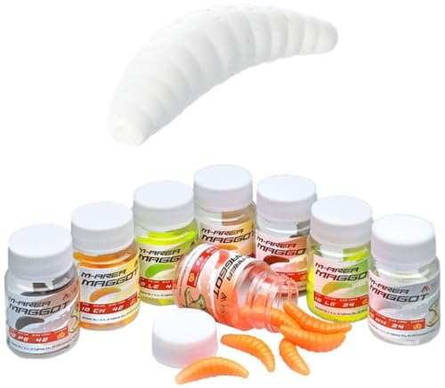 16x MIKADO 34mm weiße künstliche Bienenmaden Maden Forellenköder in Dose