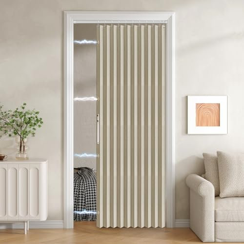 Jilron DOOR Door Curtain, 100% Blackout Fabric, Accordion Style, Magnetic Closure, Beige, W42 x L78, 1 Panel