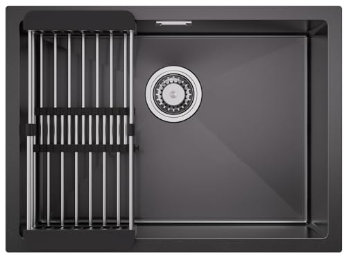 CECIPA Lavandino Cucina Nero Antracite 60 x 44 cm, Lavello Cucina 1 vasca da Incasso, Lavabo Cucina con Colino Cestello Estensibile, Lavello in Acciaio Inox con Sifone e troppopieno