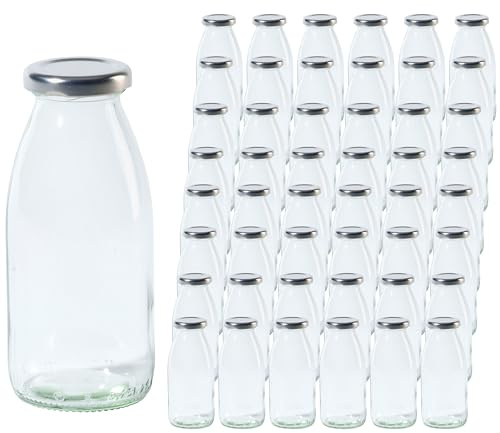 Vitrea 48 leere Glasflaschen 250ml Schraubverschluss Silber - Milchflaschen, Saftflaschen, kleine Flaschen zum Befüllen mit Deckel - für Milch, Saft, Smoothies, Öl - 48 Stück, TO43, Hansa