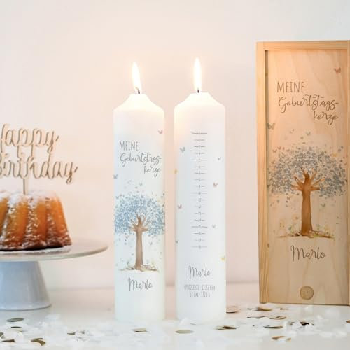 Geburtstagskerze Lebensbaum blau, Geburtskerze personalisiert, Geburtstagskerze mit Geburtstagsskala, 1.-18. Geburtstag, Geschenk zum Geburtstag, Kerze Geburtstag, Lebenskerze
