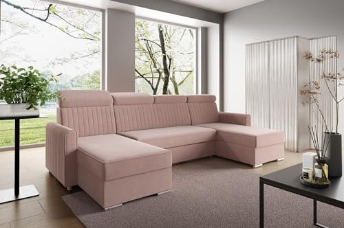 LIKMA Puderrosa Ecksofa Neli mit Schlaffunktion und Bettkasten 274 x 91 x 162 cm, U-Form, Schlafsofa, Verstellbare Kopfstützen, Wohnlandschaft, Schlafcouch, Moderne Sofas & Couches Stoff: Cloud 60