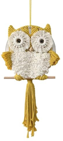 Homxi Tapiz Decorativo Macrame Pared 70x35cm,Macrame Tapiz Colgante Búho Tejidas con Borlas Tapiz Mural Tejido Amarillo