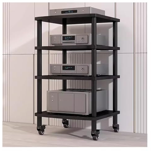 Moderne, schwarze Stereo-Racks mit 4 Ablagen, mit Medienständer, Audio-/Video-Komponentenschrank für Heimelektronik, Hifi-Rack, Ausrüstungsregale