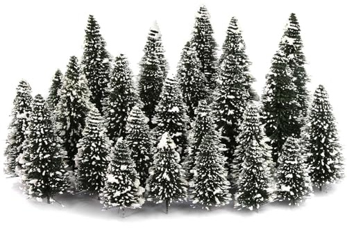 Evemodel Modell Spur Schneetannen Tannenbäume schneebedeckten Bäumen für Winterdorfes Landschaft für häuslichen Weihnachsdekoration (40 Stück verschieden Höhe)