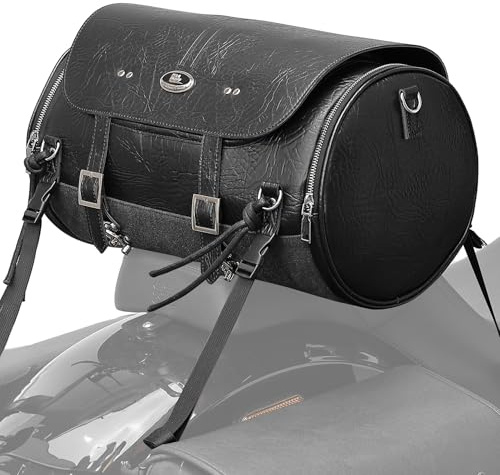 KEMIMOTO Motorcycle Tail Bag, PU Leather Motorcycle Rear Seat Bag, Waterproof Waxed Drawstring Canvas 18-22L Expandable Motorbike Luggage Storage for Sportster Softail Dyna V-star Shadow