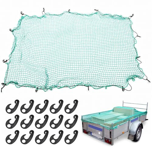 Anhängernetz,Netz für Anhänger 2 x 3m Anhänger Netz, Ladungssicherungsnetz Ballfangnetz Gepäcknetz,Abdecknetz für Anhänger 15 Stück Haken Netz mit umlaufendem Gummiband zur Ladungssicherung