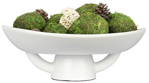 NAHARO Elegant Ceramic Bowl with Moss Ball Set-13.2x10.5 Decorative Bowl with 18pc Decorative Balls for Farmhouse Table Centerpiece, Living Room or Home Decor
