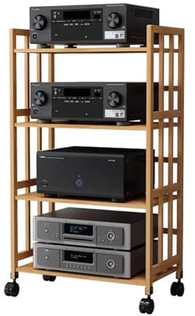 Mobile HiFi Mobile Rack Audio Mobile su Ruote, Supporto Multimediale AV Regolabile in Altezza, Ripiano per Giradischi in bambù, Rack per Componenti Stereo di Intrattenimento a 2/3/4 Livelli(4 Layer -