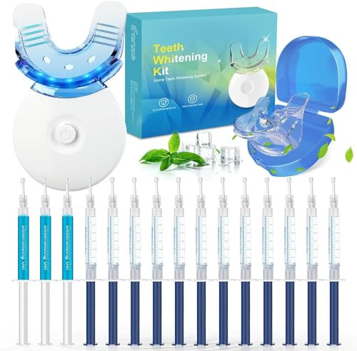 blanqueador dental profesional Kits de blanqueamiento de dientes - 12 blanqueamiento dental Geles y 3 Geles Desensibilizantes, blanqueador dental luz led, Incluye Bandeja Bucal y Caja