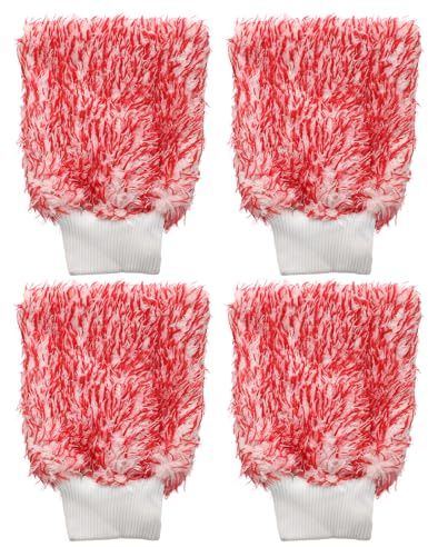 sourcing map 4pcs Microfiber Car Wash Mitts 10 x 8 Scratch Free Wash Gloves Absorbent Double Sided Plush Cleaning Drying Mitts for Car Washing Home Clean Red White