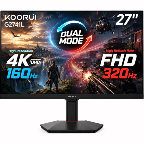 KOORUI 27 Inch Gaming Monitor, 3840 x 2160P Monitor, Dual Mode (4K 160Hz/FHD 320Hz), IPS Panel, 95% DCI-P3, HDR400, Eye Care, Height/Swivel/Tilt Adjustment, VESA Mount