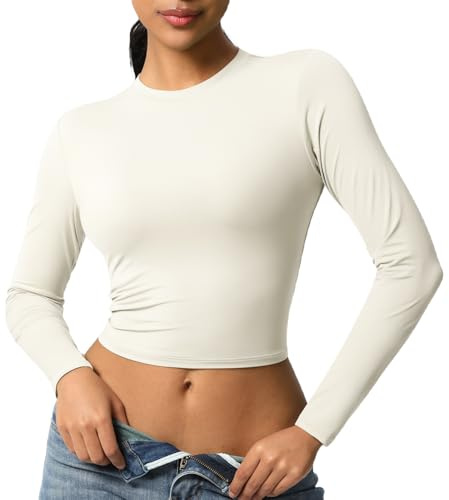 JTSONN Camiseta Deportiva de Manga Larga para Mujer Transpirable Camisa Funcional Camiseta para Correr Camisa de Compresión Cuello Redondo Yoga Fitness Workout Gym Running Crop Top