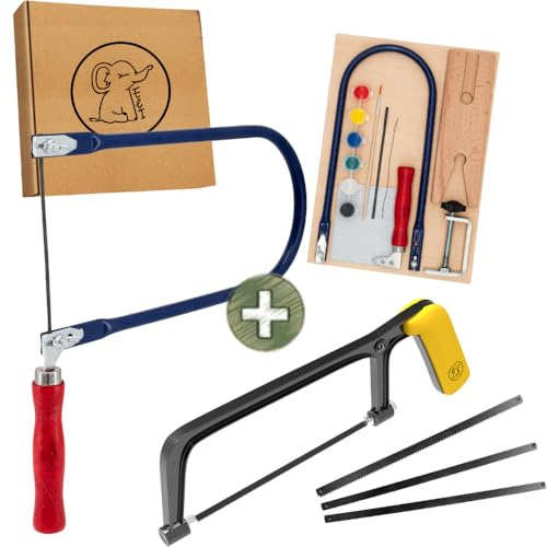 Eli® Kindersäge + Laubsäge Set ab 6 Jahre inkl. 4 Sägeblätter für Holz und Metall- Laubsägen inkl kreative Vorlagen - Laubsägeplatten - Farben - Pinsel - Schleifpapier - Geschenkidee Junge und Mädchen