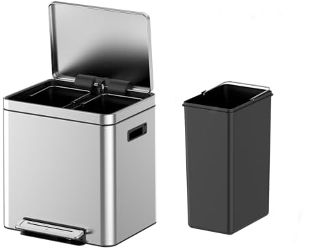 Garvee Dual Compartment Trash Can with 2 Removable Buckets, Brushed Stainless Steel Recycling Bin with Soft-Close Lid & Foot Pedal, Rectangular Kitchen Garbage Can for Waste Separation