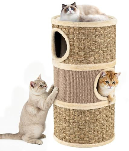 GOPLUS Kratztonne 3 Ebenen, 70 cm Katzentonne mit 3 Höhlen, Sisal-Kratzbrett, Plüschbett & Seetangseil, Kratzbaum für kleine & mittelgroße Katzen, Katzenkratzbaum, Ø 36 cm (70 cm,Khaki)