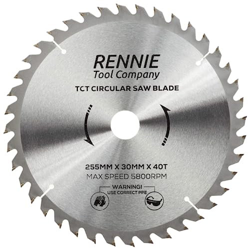 Rennie Tools TCT Kreissägeblatt, 255 mm x 30 mm x 40 Zähne, inkl. Reduzierringe für 25 mm, 20 mm und 16 mm Bohrung. Kompatibel mit Bosch, Makita, Dewalt Kreissägen usw. Passend für 254 mm Kreissägen