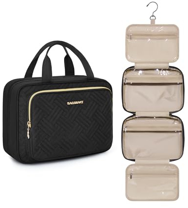 BAGSMART Toiletry Bag Hanging Travel Makeup Organizer with TSA Approved Transparent Cosmetic Bag Makeup Bag for Full Sized Toiletries, Medium-Black