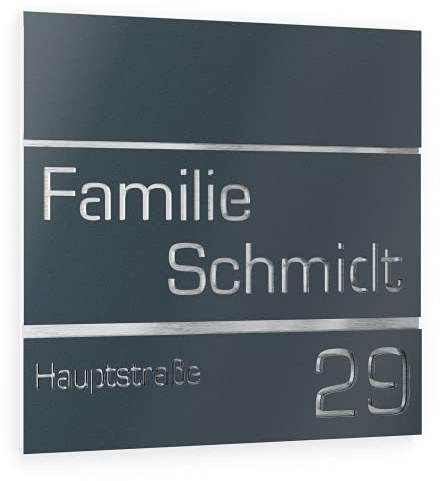 Graviers Design Hausnummer aus V2A Edelstahl 380x380mm - Anthrazit RAL 7016 - Rostfrei UV-beständig Individuell anpassbar Straße Nummer Familie Name - Made in Germany
