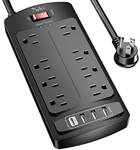 Surge Protector Power Strip - Nuetsa Flat Plug Extension Cord with 8 Outlets and 4 USB Ports, 6 Feet Power Cord (1625W/13A), 2700 Joules, ETL Listed, Black