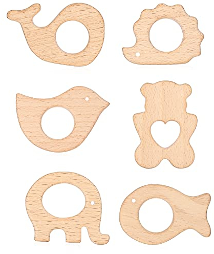 RosewineC 6 Stück Baby Beißring Holz Baby Holzfiguren, Natürlich Holz Ringe, Baby Kinderkrankheiten, Handgefertigt Anhänger Kit für DIY Schmuck, Handwerk… (Style 1)