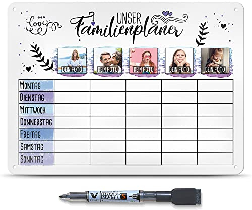 Wochenplaner abwischbar & magnetisch - Familienplaner mit 5 Fotos selbst gestalten - Whiteboard für 5 Personen, inkl. Marker - Familie, Küche, Kalender, Organisation, Planung I Personalisierbar, A3