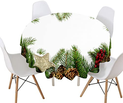 Highdi Weihnachten Tischdecke Rund Wasserdicht Abwaschbar, 3D Drucken Antifouling Pflegeleicht Polyester Tischdecke, für Home Küche Dekoration, Verschiedene Größen (Kiefernzapfen,Durchmesser 160cm)