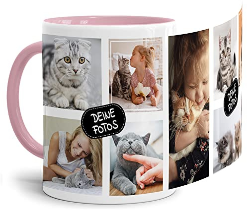 Foto-Tasse zum selbst gestalten mit Foto-Collage für 8 Wunschfotos - Geschenk für Familie, Freunde, Geburtstag, Weihnachten - Keramik Innen & Henkel Rosa, 300 ml I Personalisiert
