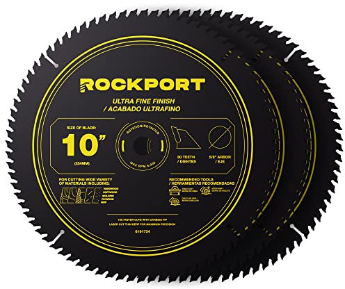 ROCKPORT Lot de 3 lames de scie de table de 25,4 cm à 80 dents – Lames de scie circulaire de 25,4 cm et lames de scie à onglet de 25,4 cm, arbre de 5/8, pointe en carbure multi-usages pour coupe