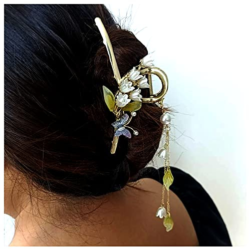 Mollette per capelli con fiori di farfalla, perle francesi vintage, nappe con foglie di ginkgo, artigli, fermagli per capelli floreali, accessori per donne e ragazze (Stile C)