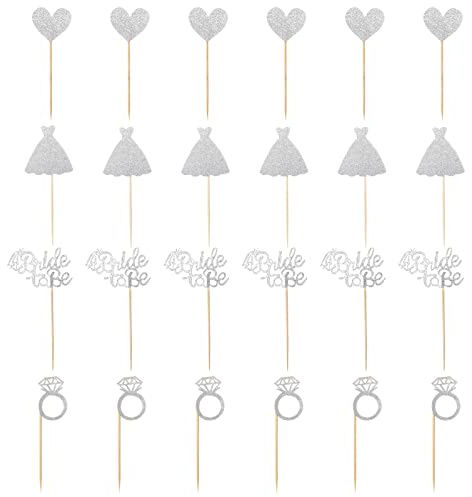 24 Pcs Glitter Bride to Be Cupcake Toppers Silver Cake Toppers Bridal Shower Cupcake Picks with Heart Ring Dress for Wedding Engagement Anniversary Party Cake Decorations