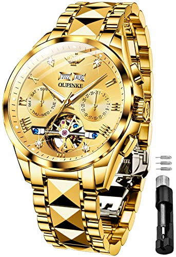 OUPINKE Mens Gold Automatic Wrist Watches Tourbillon Skeleton Mechanical Luxury Dress Self Winding Waterproof Luminous Calendar Sapphire Crystal Diamond Tungsten Steel Best Gifts for Men Watch