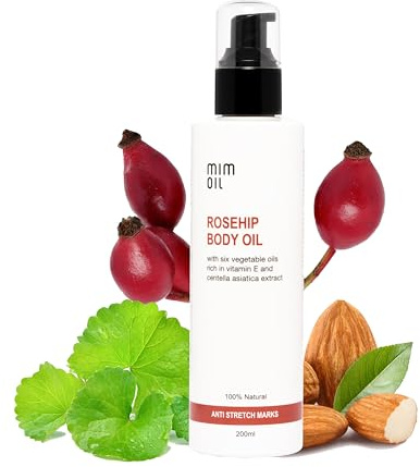 Huile anti-vergetures à la rose musquée, à l'amande douce, à la centella asiatica et aux huiles riches en vitamine E. 200 ml. 100% naturelle. Hydrate et aide à prévenir les vergetures.