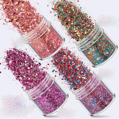 4 Stück Nail Art Glitzer 3D-Pailletten holografischer grober Glitzer sechseckiges feines Puder-Pailletten-Set Puder DIY Nagelkunst-Pailletten-72–1 mm, 4-teiliges Set