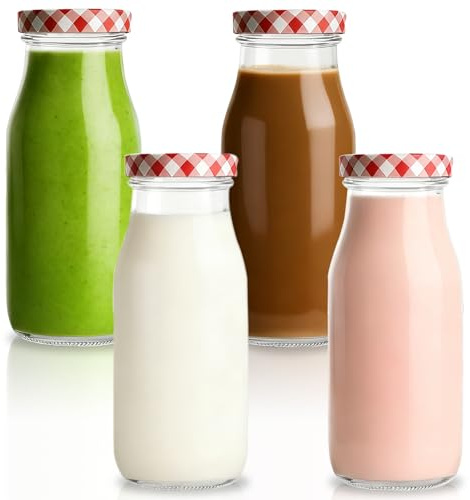MEETOZ 4Pcs 250ml Glass Milk Bottles,with Pretty Gingham Lids Reusable Milk Bottle for Juices, Dressings, Sauces, Beverages, Decoration and Storage