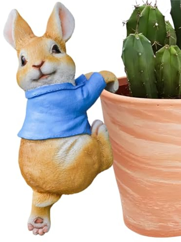 Cute Rabbit Plants Pot Hanger Resin Easter Bunny Statue Flower Pot Planter Hanging Decorative Bunnies Wear Blue Cloth Sculptures Outdoor Garden Lawn Ornaments Home Office