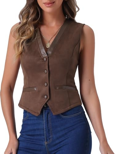 Allegra K Gilet Faux Daim Sans Manches Col V Boutonné Cowboy